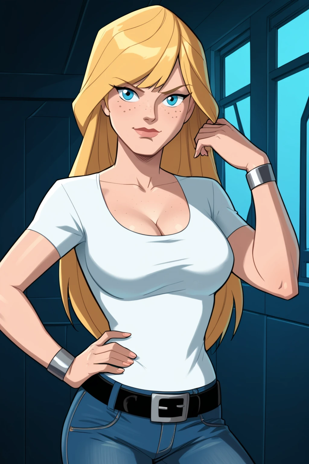 PonyXLV6_Scores BREAK <lora:add_details_xl:0.8> (perfect anatomy, perfect eyes, cowboy shot) BREAK <lora:Mockingbird:0.8> bobbi morse, long hair, blonde hair, blue eyes, freckles, flirting, raised eyebrow, ((looking at viewer)), cleavage, white t-shirt, jewelry, bracelets, belt, jeans, large breasts, curvy, toned, athletic, standing, sexually suggestive pose, hands on hip, indoors