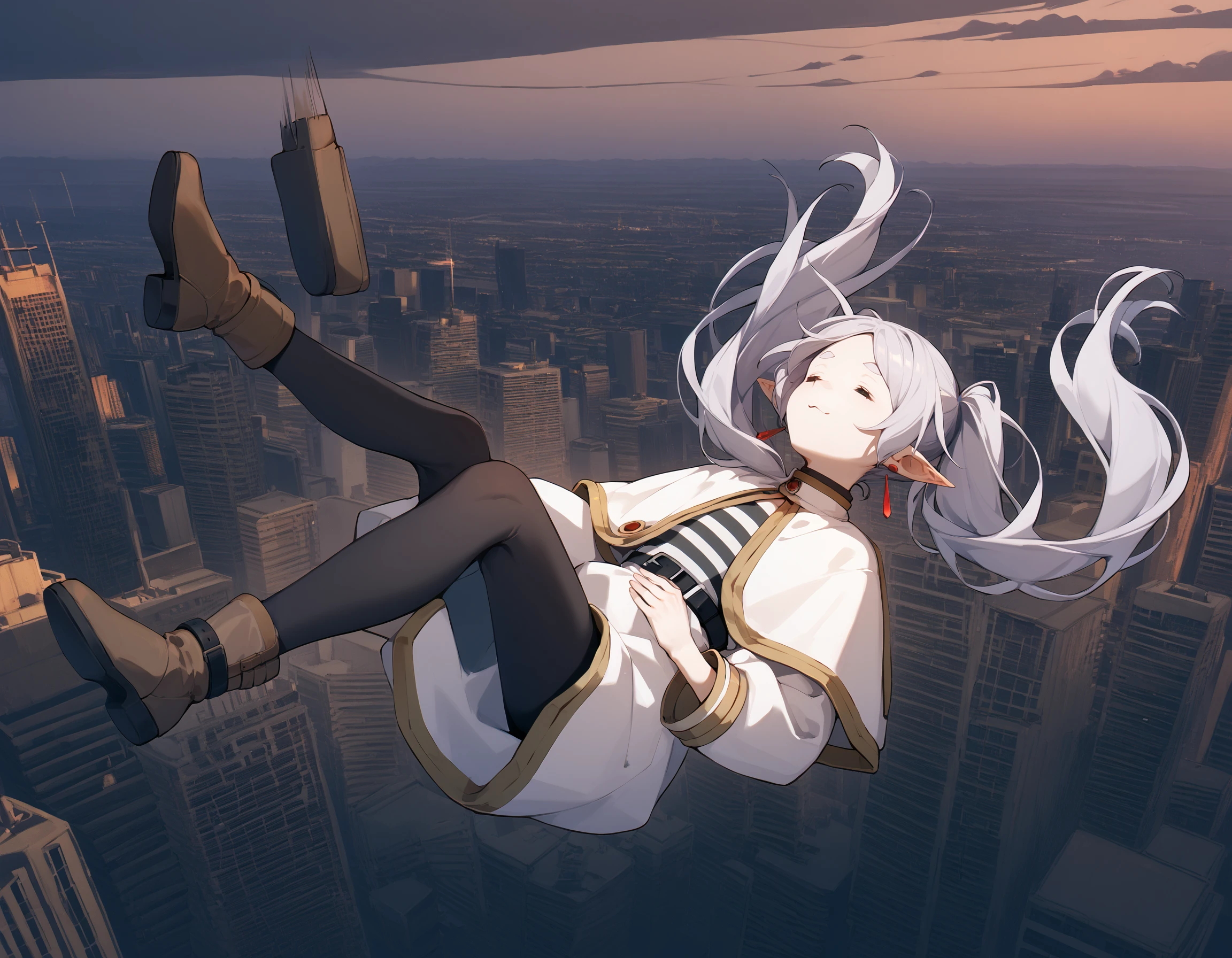 score_9, score_8_up, score_7_up, score_6_up, 1girl, high up, skyscrapers, wind, hair lift, floating hair, falling, skyline, city, best_falling, on back, grey hair, long hair, green eyes, twintails, parted bangs, earrings, pointy ears, FrierenCasual, striped shirt, white capelet, black belt, white skirt, long sleeves, black pantyhose, brown boots, from above, =w=, :3, = =, eyes closed, <lora:falling_pony:1.15> <lora:SousouNoFrieren_FrierenXL:0.7> <lora:ChamElfExpressionPonyXL:1.1>