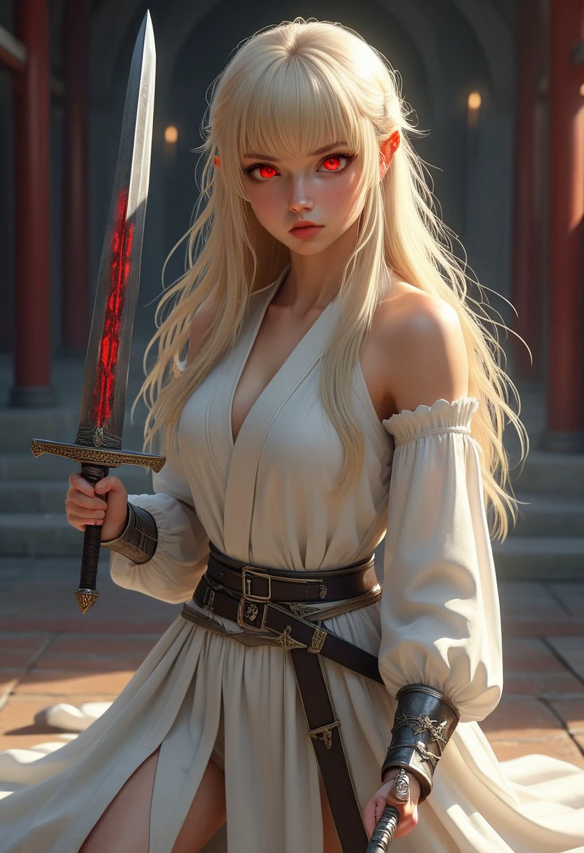 Lea, 1girl, fair, porcelain-like skin, long platinum-blonde hair with bangs that frame her face, petite, slender figure, small nose, small breast, red eyes, 
swinging a sword, double edged sword, taining sword, metal sword, simple background. full body image