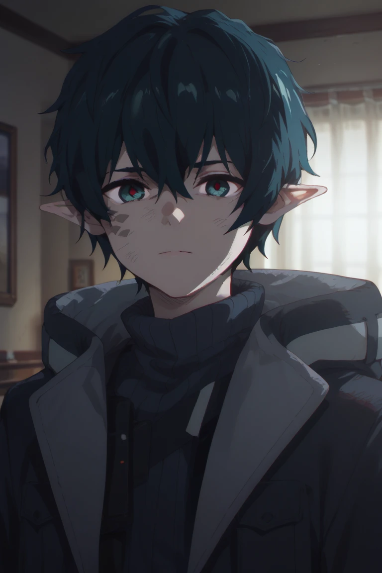 score_9, score_8_up, score_7_up, score_6_up, score_5_up,score_4_up , 
faust, green hair, green eyes, pointy ears, scales, 1boy, male focus, solo, indoors, looking at viewer, anime coloring, window, hair between eyes, jacket, curtains, short hair, jacket