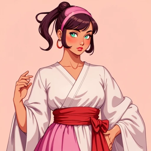 adorned with a pink headband. Her skin is pale, detailed style reminiscent of anime and manga art. The woman has a medium-dark skin tone and a curvy, alert look., red lips., This is a digital drawing in a colorful, featuring a red obi tied in the back., featuring a young woman with a fair complexion and a delicate, sandy brown color. She has a delicate