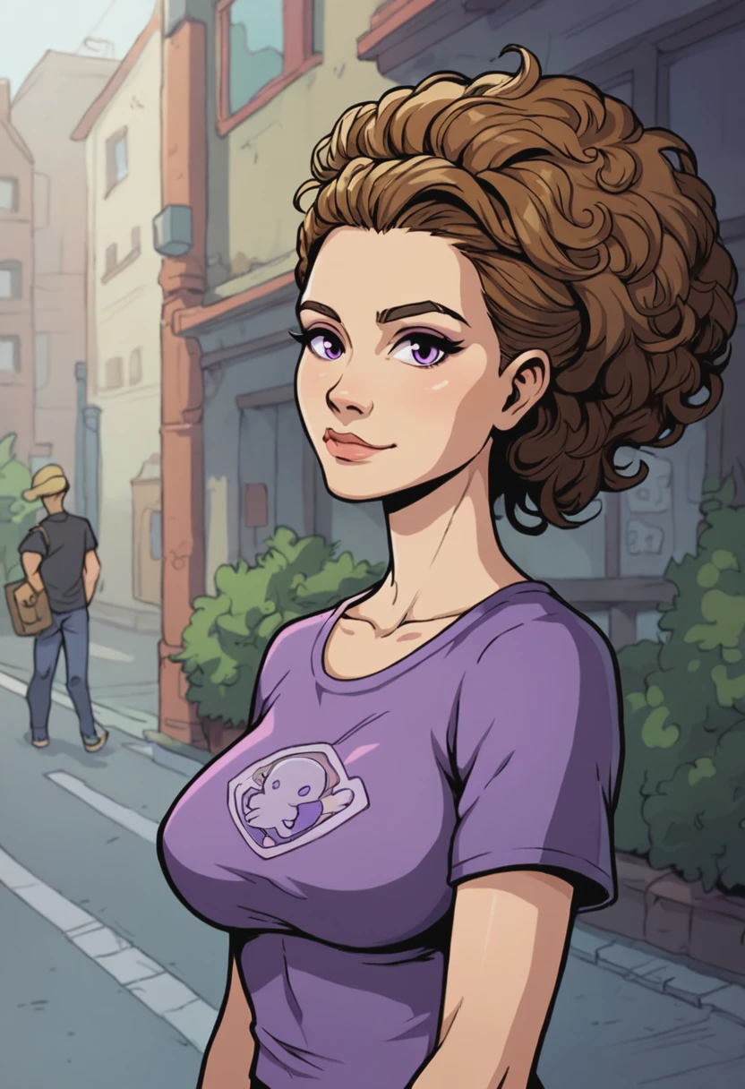 score_9, score_8_up, score_7_up, 1girl, large_breasts, portrait, solo, looking_at_viewer, open_eyes, Leaning on an invisible countertop, perspective, (Amethyst Kameez), big hair, duck's arse, Brown hair, street, cropped_arms, rating_safe, <lora:akabur-siserg_mix_pony:1.0>