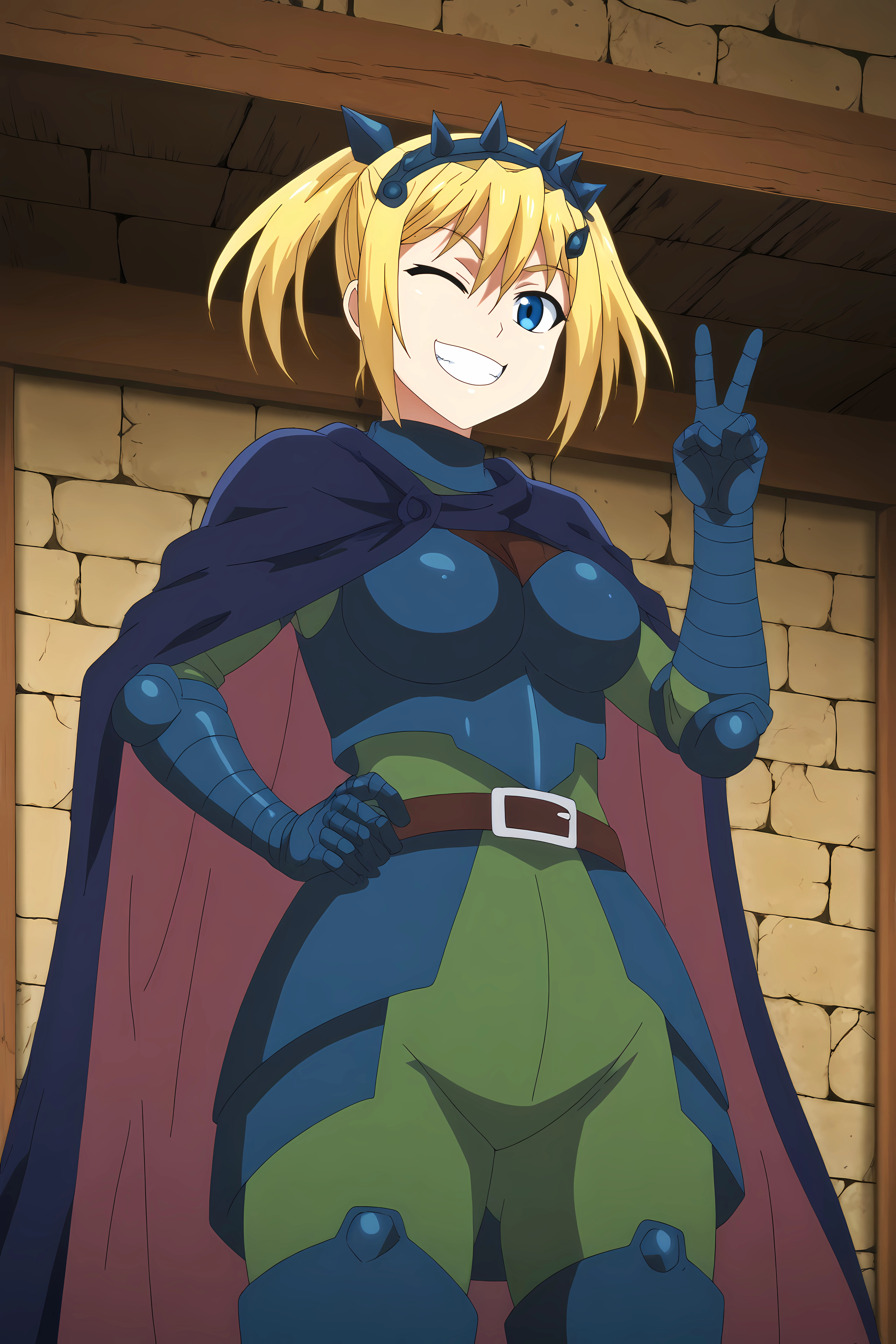 lucy grill,1girl,solo,smile,twintails,breasts,hair ornament,hair between eyes,large breast,short hair,armor,cape,belt,gauntlets, gloves, hairclip,peace sign, wink,teeth

BREAK
indoors,medieval house



<lora:Lucy_Grill_-_Peter_Grill_to_Kenja_no_Jikan.safetensors:0.8>
<lora:detailed_backgrounds_v2.safetensors:0.5>