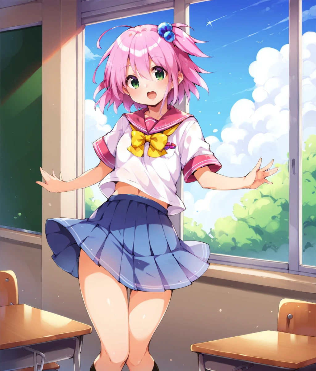 score_9,score_8_up,score_7_up,score_6_up,score_5_up,score_4_up,source_anime BREAK cowboy shot,<lora:ruku-v1:0.9>,ruku,pink hair,green eyes,short hair,ball hair ornament,solo,school uniform,indoors,classroom,window,floating hair,blue sky,