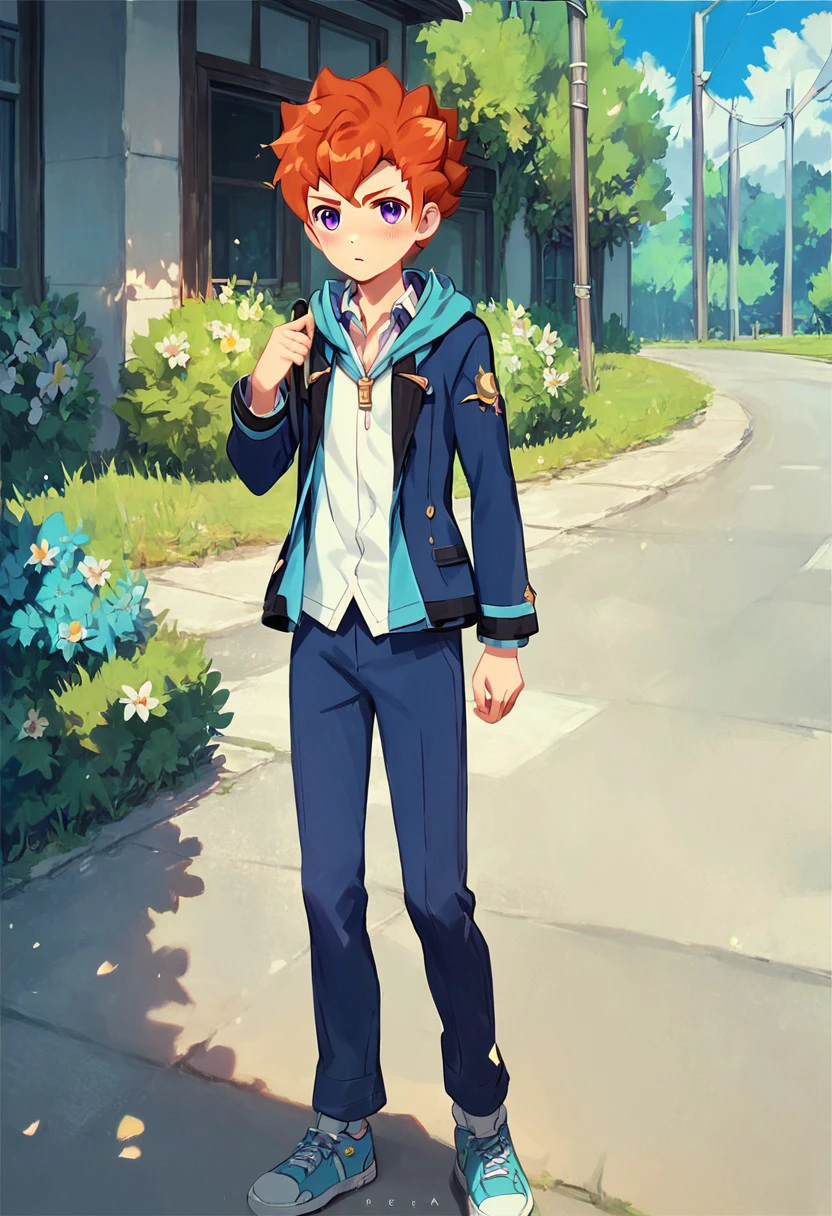 score_9,score_8,score_7,score_8_up,score_7_up,score_6_up,absurdres, masterpiece, best quality, very aesthetic,outdoors,solo,perfect face,1boy,solo,(ultra-detailed) ,blush,perfect face,1boy,sena arata,ginger hair,spiky hair,purple eyes,semi-realistic,blue blazer,open blazer,open cyan hooded jacket,blue pants,sneakers,full body