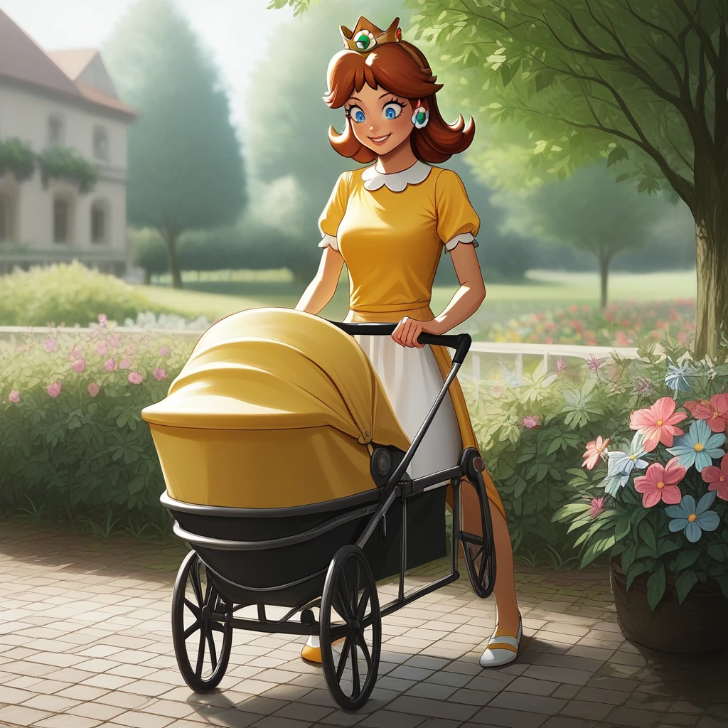 score_9, score_8_up, score_7_up, score_6_up, score_5_up, score_4_up, zPDXL2,rating_questionable, source_anime,  1girl, solo,  <lora:Stroller:0.8> strll3r, 1girl, stroller, pram, baby carriage, princess daisy, outdoors, garden, flowers, smile, looking down, athletic wear