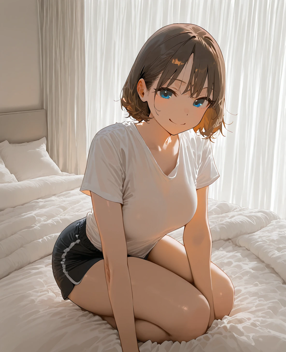 perfect quality, best quality, masterpiece,
<lora:AIU(Illust)0.2v:1>
smile, short hair, brown hair, blue eyes, looking at viewer, medium breasts, white t-shirt, black shorts,
bedroom, window, curtains, bed, on bed, on knees,
 <lora:whitebedroom_illustrious:1> white bedroom,