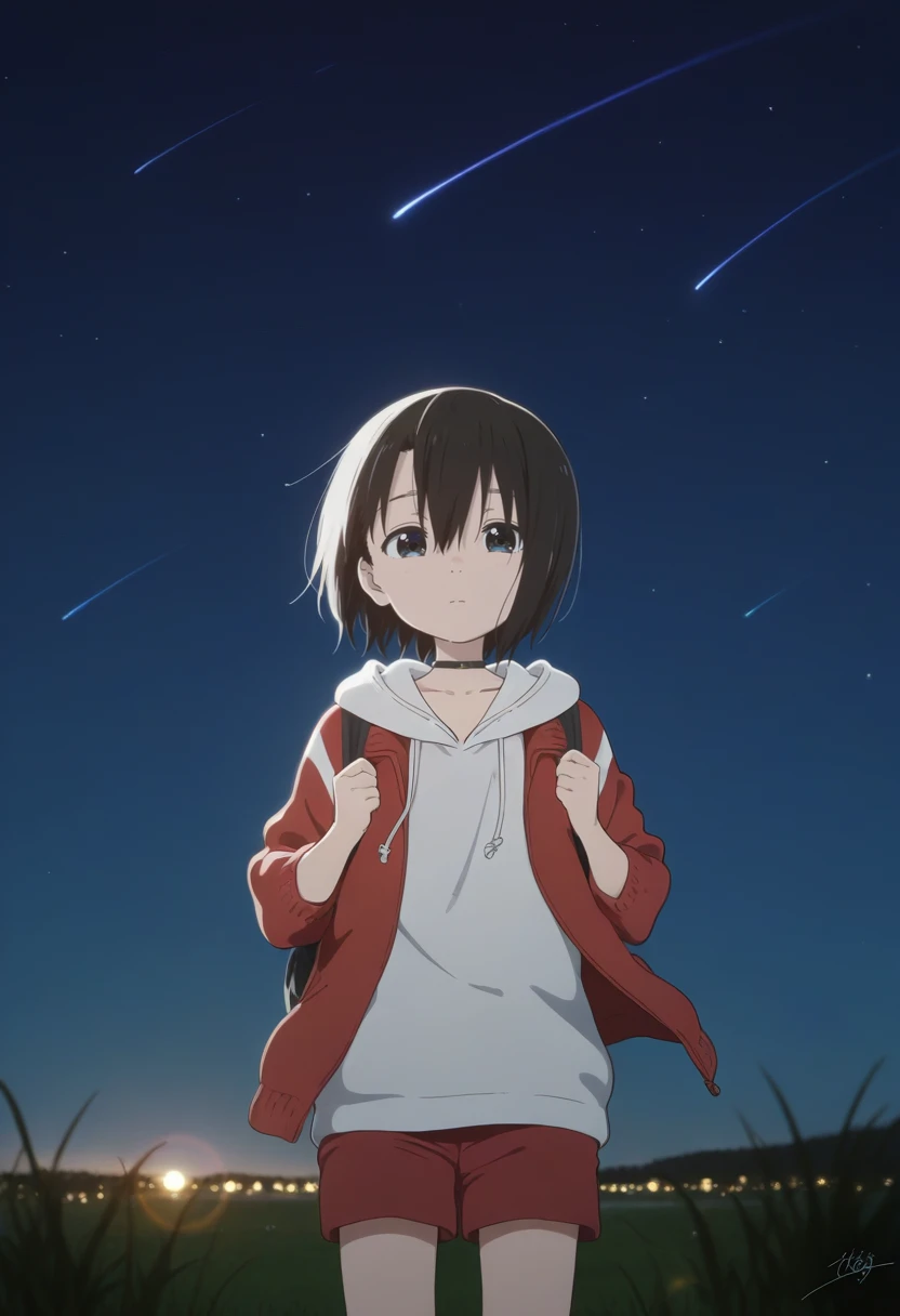 1girl, nishimiya yuzuru, child, tomboy, short hair, black hair, flat chest, <lora:Nishimiya_Yuzuru2-04:1>, white hoodie, red jacket, bag, open jacket, red shorts, looking at viewer, solo, black choker, cowboy shot, bokeh, depth of field, grass, hands up, lens flare, night sky, outdoors, scenery, shooting star, signature, standing, star (sky), starry sky, very wide shot, volumetric lighting, shiny skin, humid skin, BREAK, best quality, amazing quality, highres, absurdres, very aesthetic, high resolution, ultra detailed, perfect details <lora:nyalia:0.4>