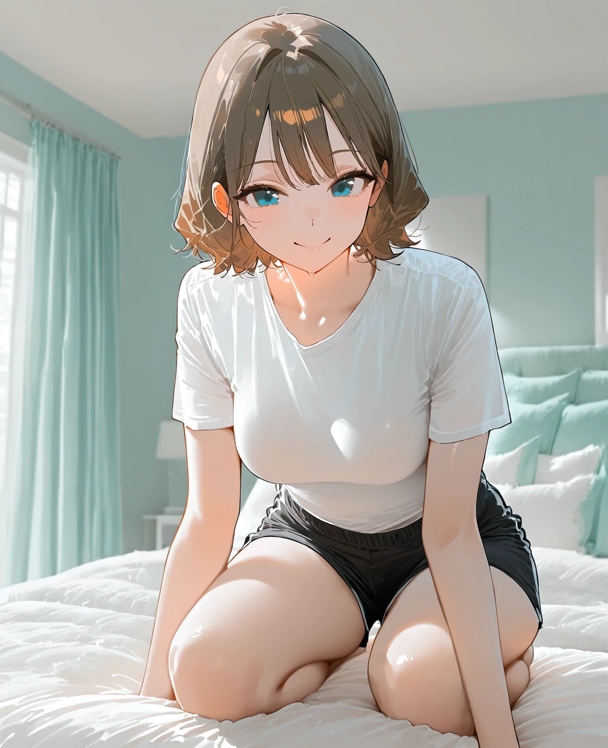 perfect quality, best quality, masterpiece,
<lora:AIU(Illust)0.2v:1>
smile, short hair, brown hair, blue eyes, looking at viewer, medium breasts, white t-shirt, black shorts,
bedroom, window, curtains, bed, on bed, on knees,
 <lora:tealwhitebedroom_illustrious:1> teal white bedroom,