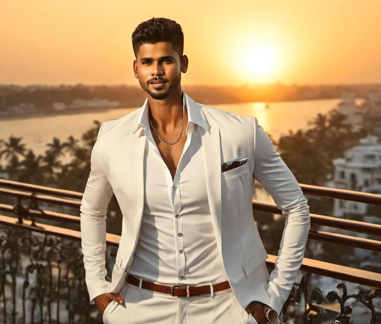 Nautical-themed (Photo:1.3) of (Ultrarealistic:1.3) <lora:Man_Men_FFashion:1> Shreyas Iyer a man <lora:Shreyas-Iyer:1>,  in a white suit standing on a balcony, handsome man, attractive man, handsome male, sun behind him, inspired by Pablo Munoz Gomez, shot at golden hour, editorial photograph, midshot of a hunky, by Roman Bezpalkiv, by Artur Tarnowski, maxim sukharev, by Gabor Szikszai,Highly Detailed,(Mono Color:1.3) . Sea, ocean, ships, maritime, beach, marine life, highly detailed