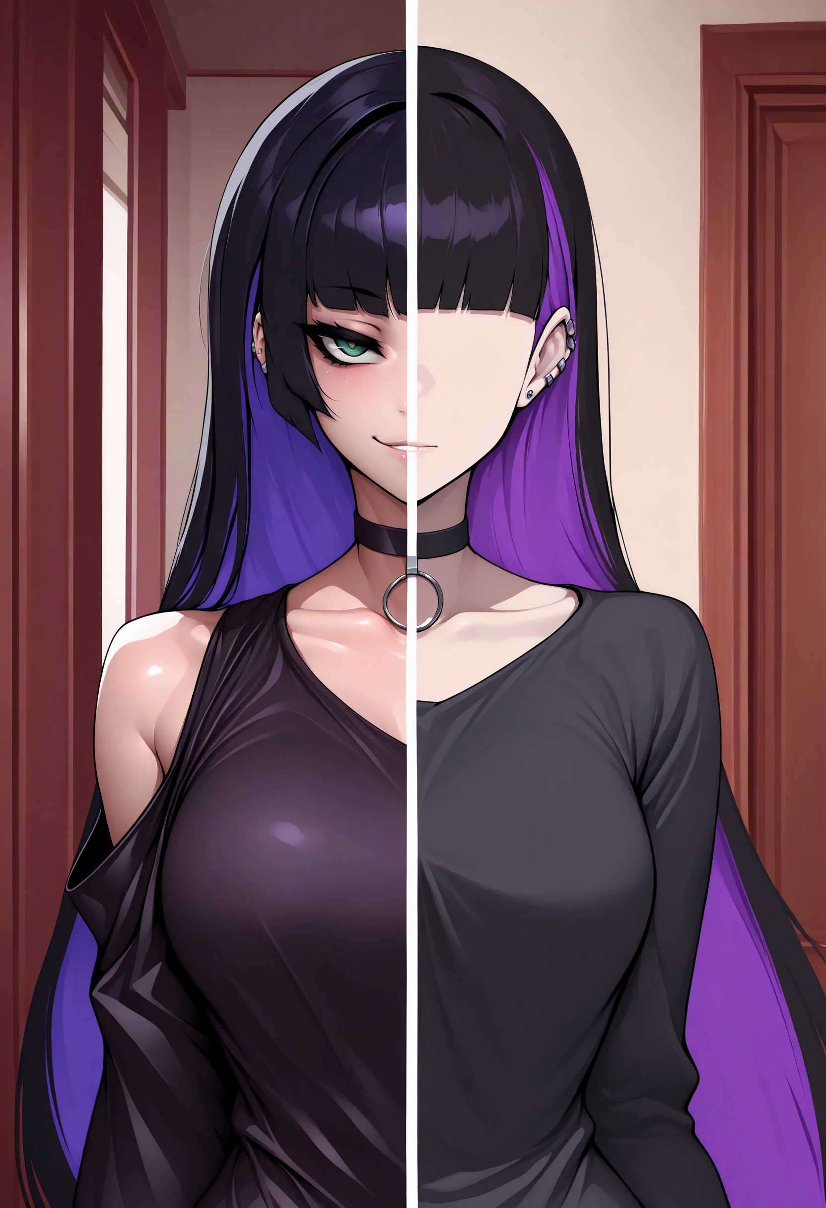 masterpiece, best quality, indoors, 1girl, SplitScreen, split screen, upper body, <lora:SplitScreen_illusXL_Incrs_v1:1>, pa-san, purple colored inner hair, ear piercing, hime cut, choker, black dress, long dress, shoulder cutout, seductive smile, green eyes, nephlite, 
masterpiece, best quality, indoors, 1girl, SplitScreen, split screen, upper body, <lora:SplitScreen_illusXL_Incrs_v1:1>, pa-san, purple colored inner hair, ear piercing, hime cut, choker, black dress, long dress, shoulder cutout, anime coloring, <lora:MinimalismStyle-Illustrious-V2:1> flat color, limited palette, no lineart. no eyes,