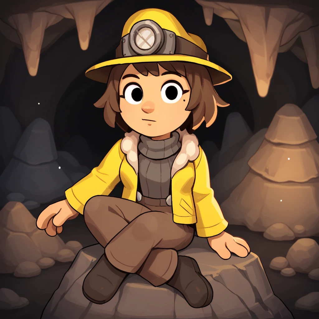 score_9, score_8_up, BREAK, Ana, 1girl, solo, brown hair, short hair, black eyes, hat, turtleneck sweater, yellow jacket, fur collar, brown pants, suspenders,   <lora:Ana_Spelunky2_PXL_Leaf1:1>, looking at viewer, cave interior,  sitting on rock,