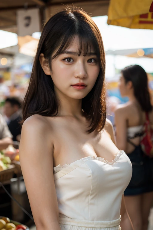 masterpiece, best quality, ultra-detailed, ultra high res, (photorealistic:1.4), raw photo, (realistic:0.2), 8k HDR, realistic cool temperature lighting, (asian:0.2), 1girl, solo, asymmetrical hair, outdoor, (traditional market:1.2), bokeh, (detailed lips), (detailed pores), (detailed skin textures), (detailed face:1.2), (upper body:1.2), a woman in a white strapless tube dress, promotional image, a character portrait,