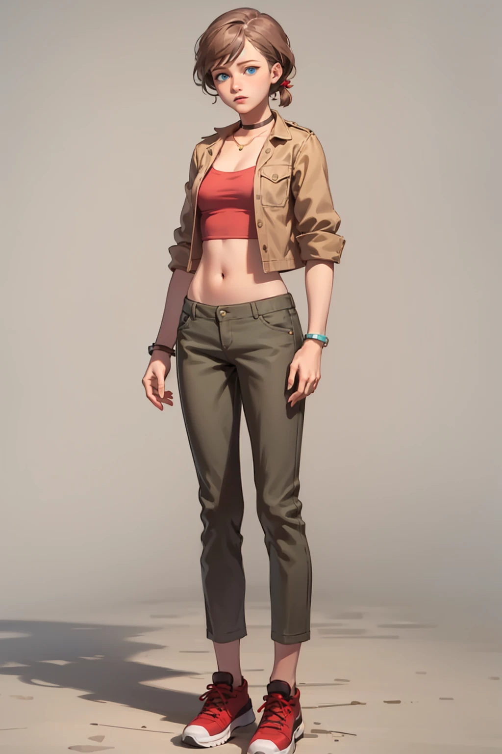 jess harding, blue eyes, brown hair, short hair, low twintails, 1girl, solo, partially unbuttoned, brown jacket, red shirt, choker, bracelet, midriff, brown pants, sneakers, full body, standing, blank background