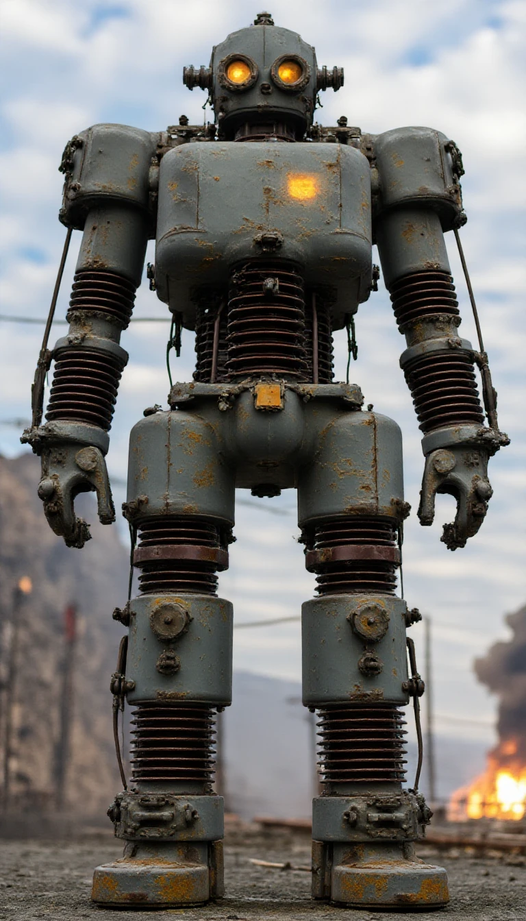 <lora:Electric_Transformers:1.2>  A towering robot constructed with industrial power transformers integrated into its body, arms, and legs, featuring massive coils, cables, and insulators that emphasize raw, mechanical power.   The robot has a weathered, metallic finish with intricate detailing on every component, evoking an intense, rugged look. Its eyes are large and expressive, capturing a lonely, somber gaze as they reflect the distant glow of a nuclear blast, adding a haunting atmosphere. The robot stands against a post apocalyptic background, a nuke going off in the background, its metallic body slightly illuminated by the soft, ominous light of the blast, casting subtle highlights across its surface. Photorealistic, ultra-detailed textures, with cinematic lighting and shadows to enhance the drama.