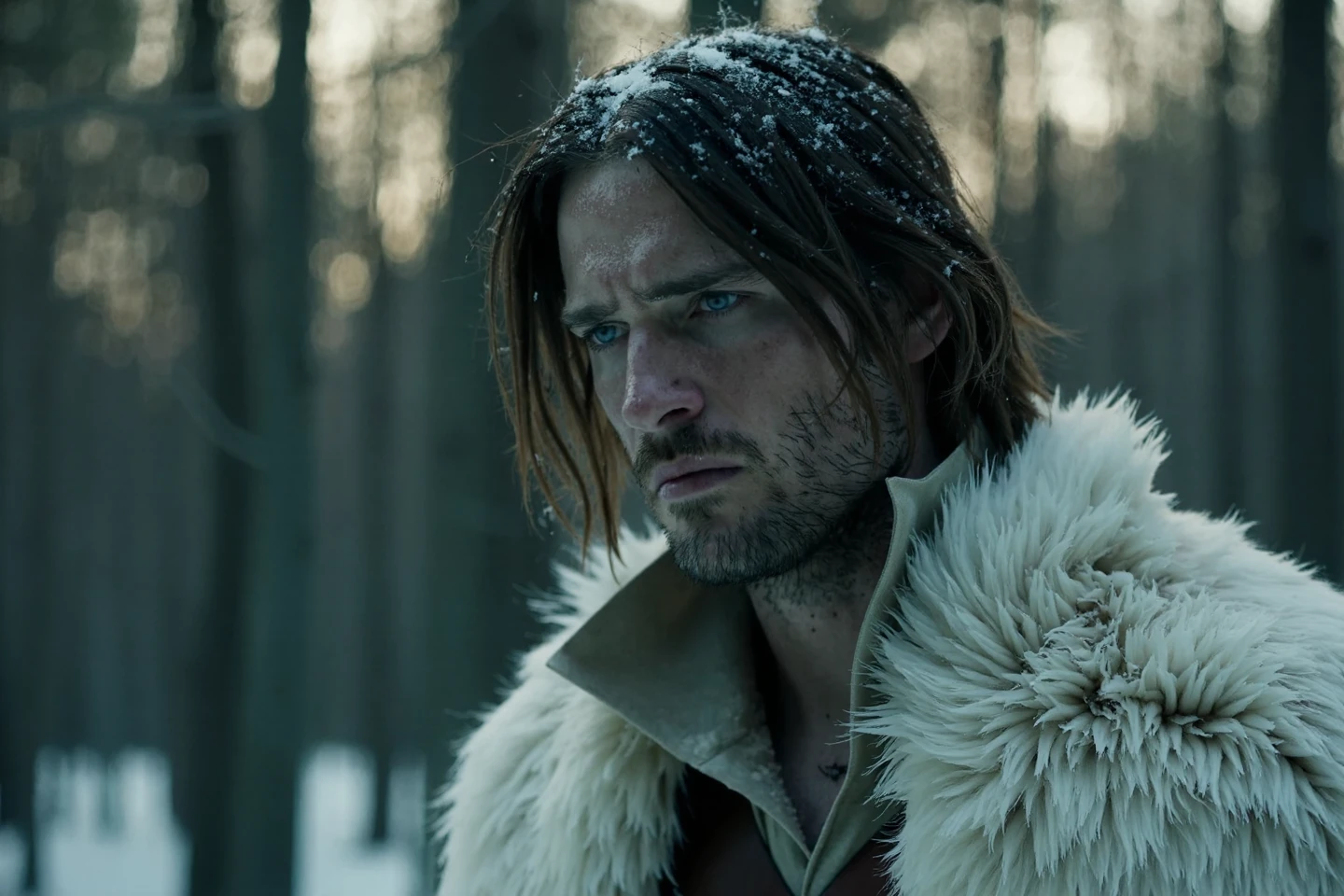 Cinematic still. film scene from Denis Villeneuve. Cinematography. A closeup of 25 year old Trevor's face shows him deep in thought, his expression serious and introspective. His white fur stole frames his face and his cloak, while the soft, warm lighting of the forest in the background enhances the solemn mood. Trevor's eyes are focused, partially obscured by the touseled hair in his face, and the subtle details of his stubble and scars emphasize the weight of his experiences. The atmosphere feels heavy, yet calm, as he stands silently in the fading light of the woods. Shivering cold. Beige tunic with upturned collar.