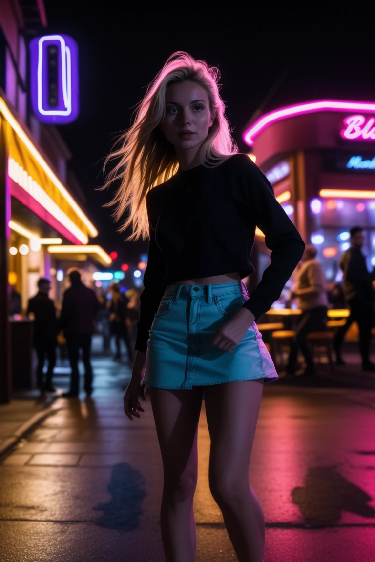 A beautiful woman in street outside a bar at night wearing a miniskirt, red neon lights