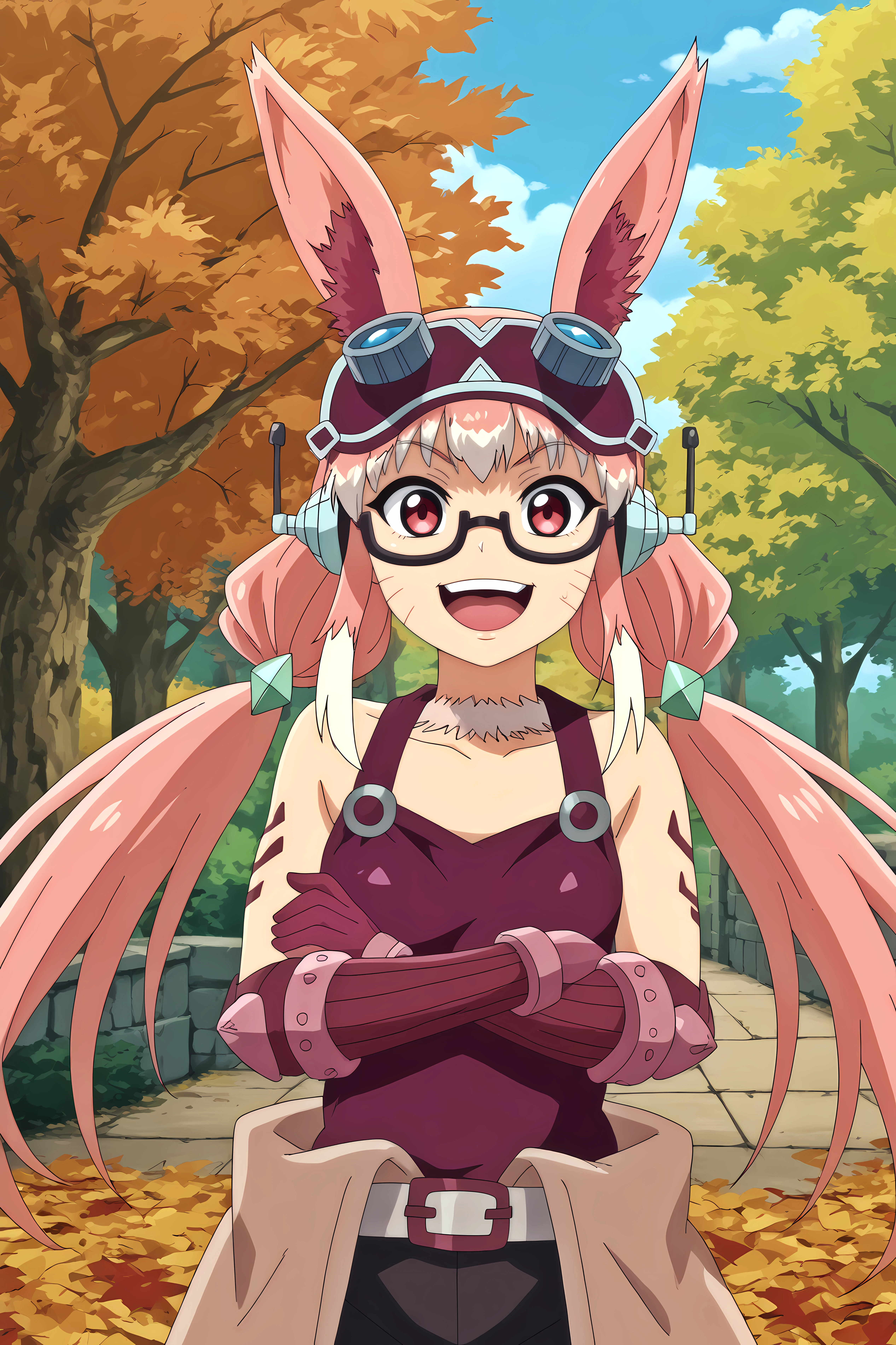 mithlim netherland,1girl,solo,animal ears,gloves,googles,pink hair,rabbit ears,long hair,glasses,twintails,open mouth,smile,upper body,crossed arms


BREAK
outdoors,autumn_leaves, sunset,orange_background, tree,autumn



<lora:Mithlim_Netherland_-_Peter_Grill_to_Kenja_no_Jikan.safetensors:0.8>
<lora:detailed_backgrounds_v2.safetensors:0.5>