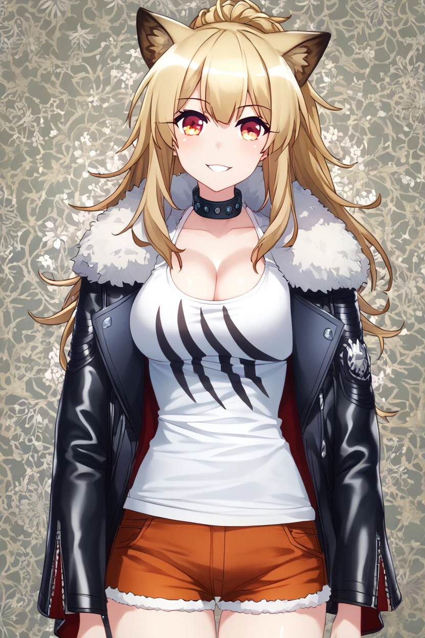 score_9, score_8_up, score_8, medium breasts, (curvy), cute, eyelashes,       ,,, , ,,,  zzSiege, blonde hair, cat ears, jacket, choker, large breasts, fur trim, black jacket, tank top, fur-trimmed jacket, black choker, cleavage,  <lora:Siege_Arknights_PDXL:1.0>,   ,,,, BREAK, (warm colors), smile, looking at viewer, cowboy shot, ,,, embedding:zPDXL, Expressiveh, ,,, <lora:PrismaIllya_PDXL_v3:1.0>, <lora:SDXLFaeTastic2400:0.5>, <lora:Expressive_H-000001:0.4>,