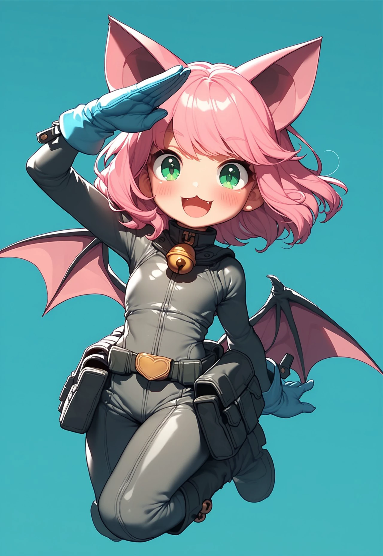 PonyXLV6_Scores BREAK 3rthch1b1, 1girl, solo, wings, pink hair, gloves, animal ears, smile, open mouth, bell, looking at viewer, simple background, blue background, cat ears, bodysuit, medium hair, salute, neck bell, boots, full body, bat wings, green eyes, pouch, blush, black footwear, bangs, blue gloves