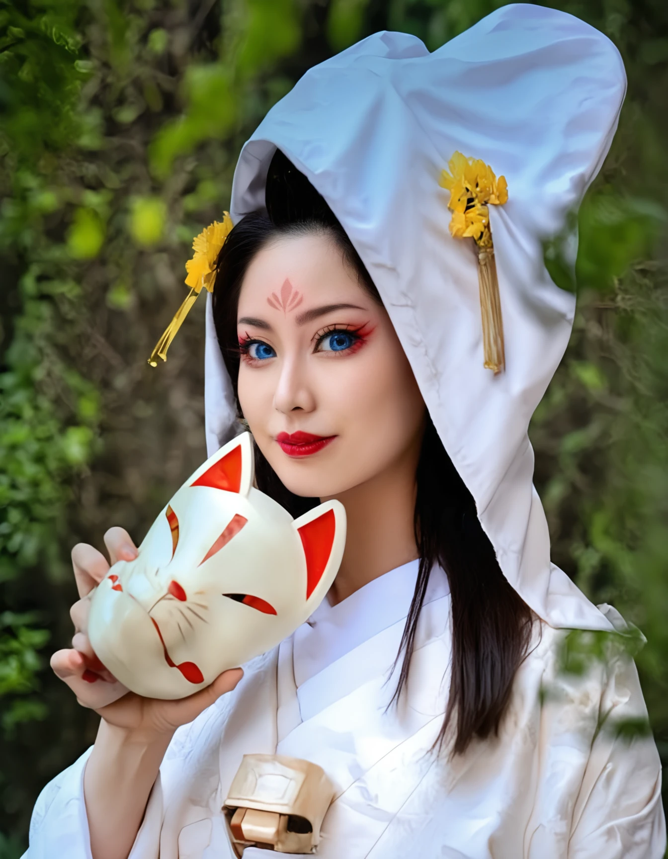 35mm photograph, film, bokeh, professional, 4k, highly detailed, real life insert, realistic, BREAK,
KitsuneNoYomeiri_bride, 1girl, solo, black hair, blue eyes, looking at viewer, long hair, holding, hair ornament, forest, nature, veil, upper body, forehead mark, tree, standing,<lora:BDpony_KitsuneNoYomeiri_V1-5928:1>