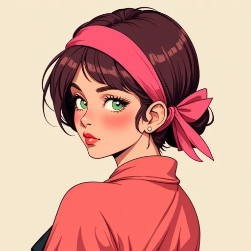 adorned with a pink headband. Her skin is pale, detailed style reminiscent of anime and manga art. The woman has a medium-dark skin tone and a curvy, alert look., red lips., This is a digital drawing in a colorful, featuring a red obi tied in the back., featuring a young woman with a fair complexion and a delicate, sandy brown color. She has a delicate