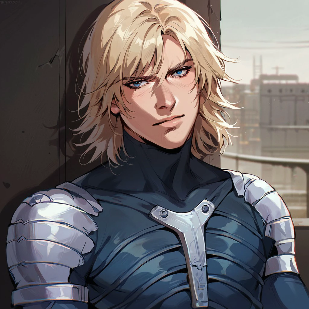 score_9, score_8_up, score_7_up, source_anime, masterpiece, best quality, absurdres, high resolution, highres, highly rated, 2boys, solo, raiden, mgs2raiden, (blonde hair, medium hair, blue eyes, latex bodysuit, shoulder pads),