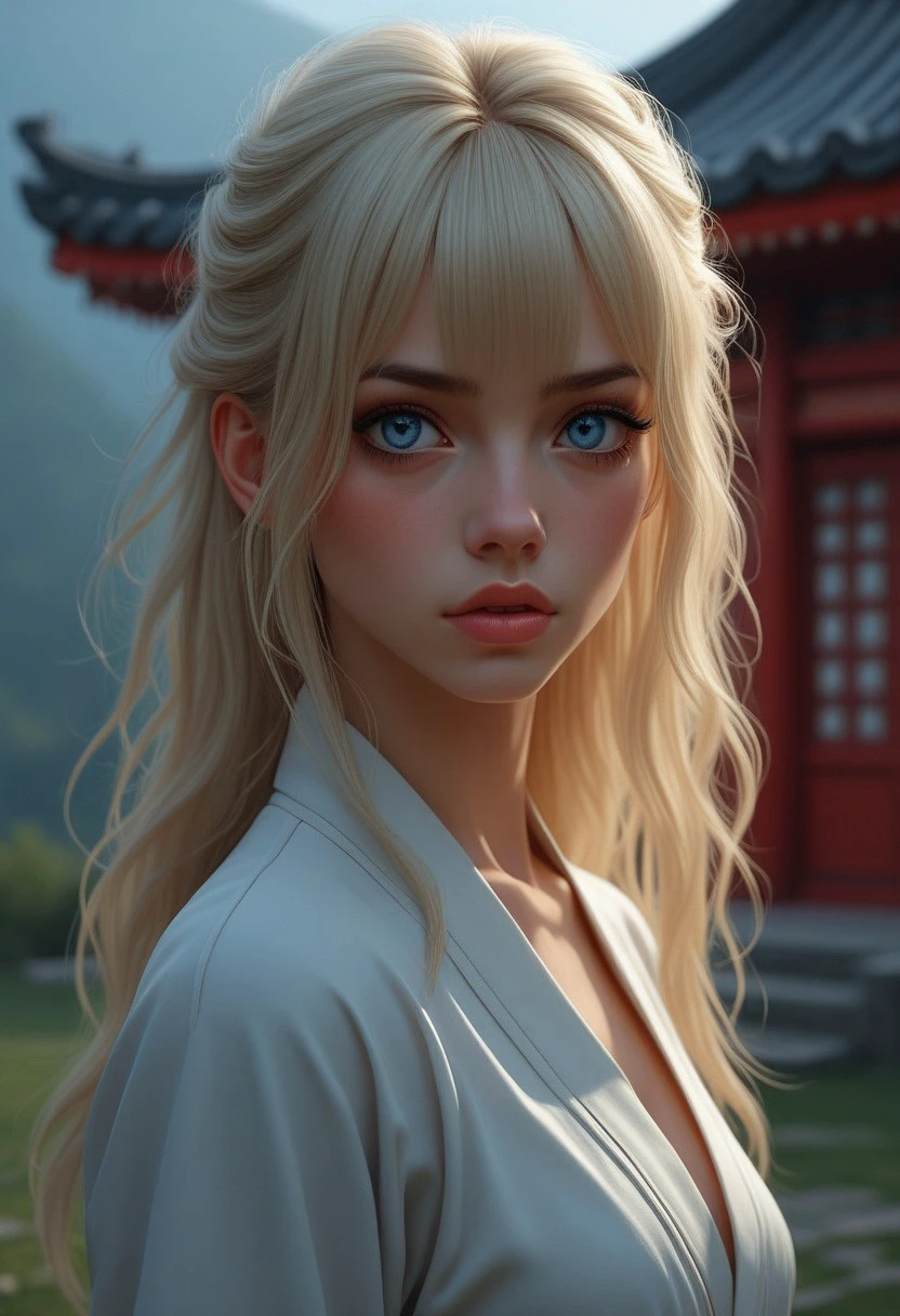 This is a highly detailed, digital illustration in a realistic fantasy style, depicting a young woman (Early twenties) of northern european origin. She has long, wavy blonde hair styled in a loose manner, with bangs framing her face. Her skin is a fair, porcelain complexion, and her eyes are a striking, vivid blue, conveying deep emotion. Her eyes are captivating with long, expressive eyelashes. She has a petite, slender build and a small nose. Her lips are full and slightly parted, giving a soft, enigmatic expression. She wears a black training attire, in a traditional Chinese or Japanese style, made of a traditional fabric. She is doing different yoga poses in the garden of a medieval chinese house. The image shows her body from head to toe. Masterpiece, 32k