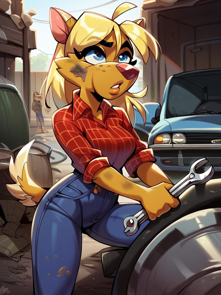 score_9, score_8_up, score_7_up, score_6_up, score_5_up, score_4_up, Shazza_the_Dingo, jeans, plaid shirt, dirty clothes, dirty, oil drum, holding wrench, garage, car, detailed face, detailed eyes, detailed background, <lora:shazza-v1:1.0>