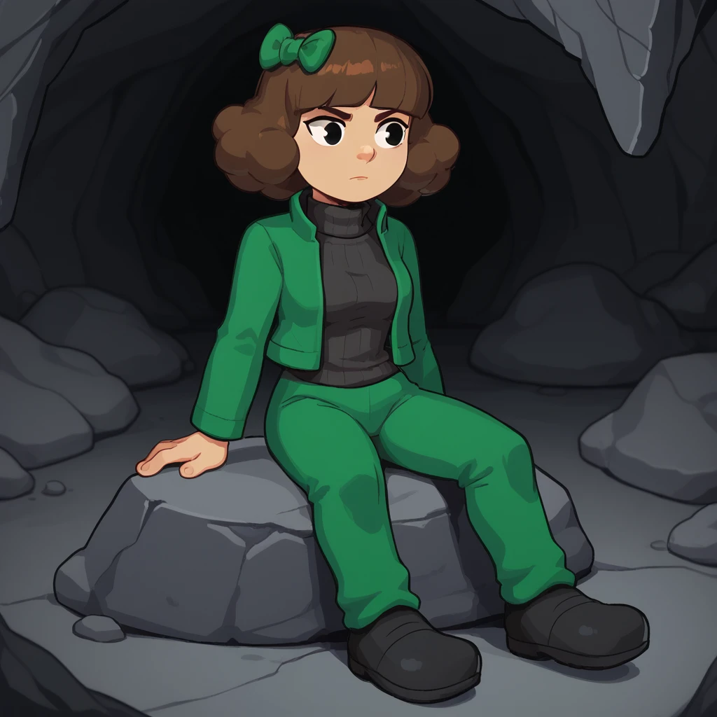 score_9, score_8_up, BREAK, Liz, 1girl, solo, brown hair, short hair, black eyes, hair bow, turtleneck sweater, green jacket, green pants, black footwear, <lora:Liz_Spelunky2_PXL_Leaf1:1>, cave interior, sitting on rock,