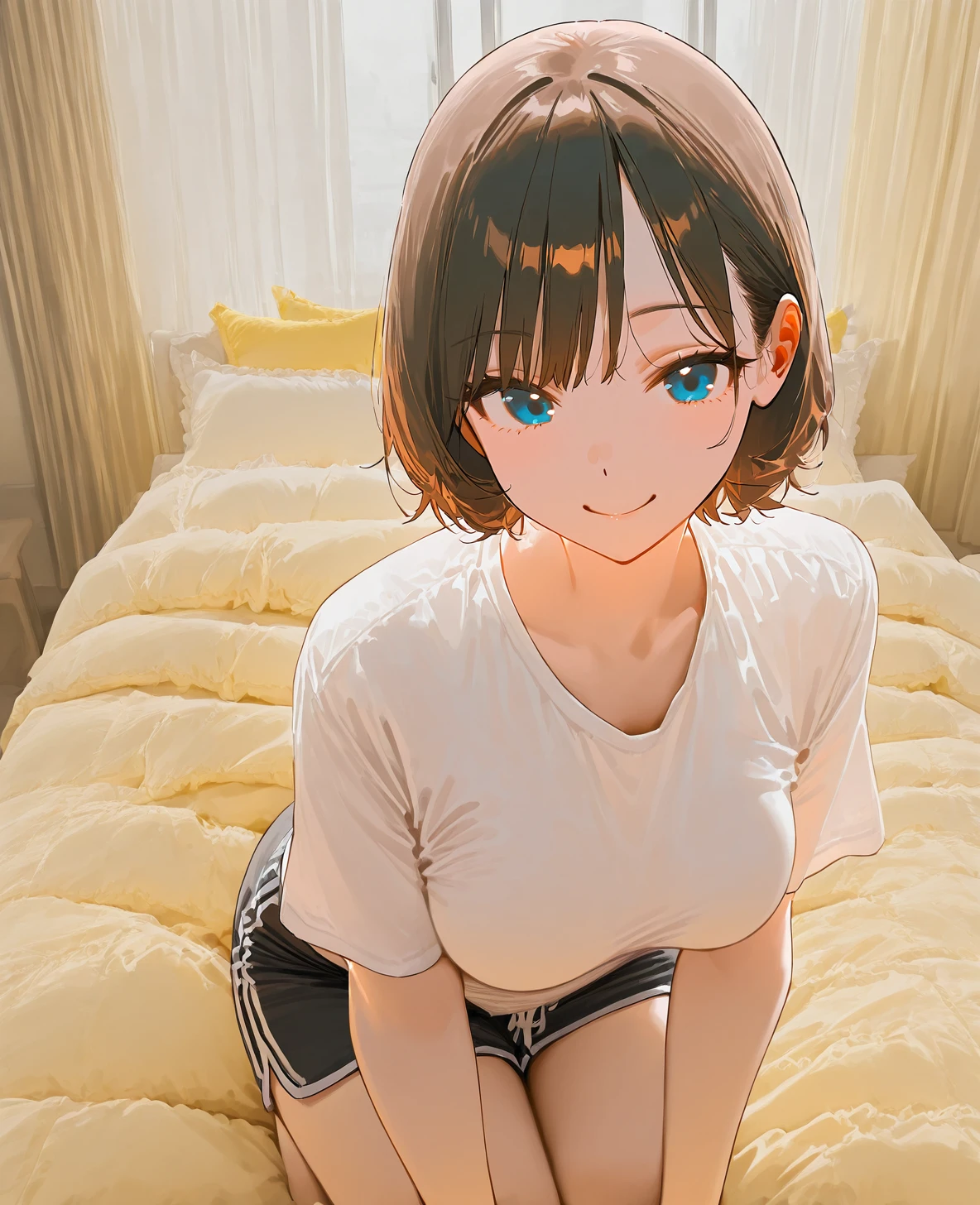 perfect quality, best quality, masterpiece,
<lora:AIU(Illust)0.2v:1>
smile, short hair, brown hair, blue eyes, looking at viewer, medium breasts, white t-shirt, black shorts,
bedroom, window, curtains, bed, on bed, on knees,
 <lora:yellowbedroom_illustrious:1> yellow bedroom,