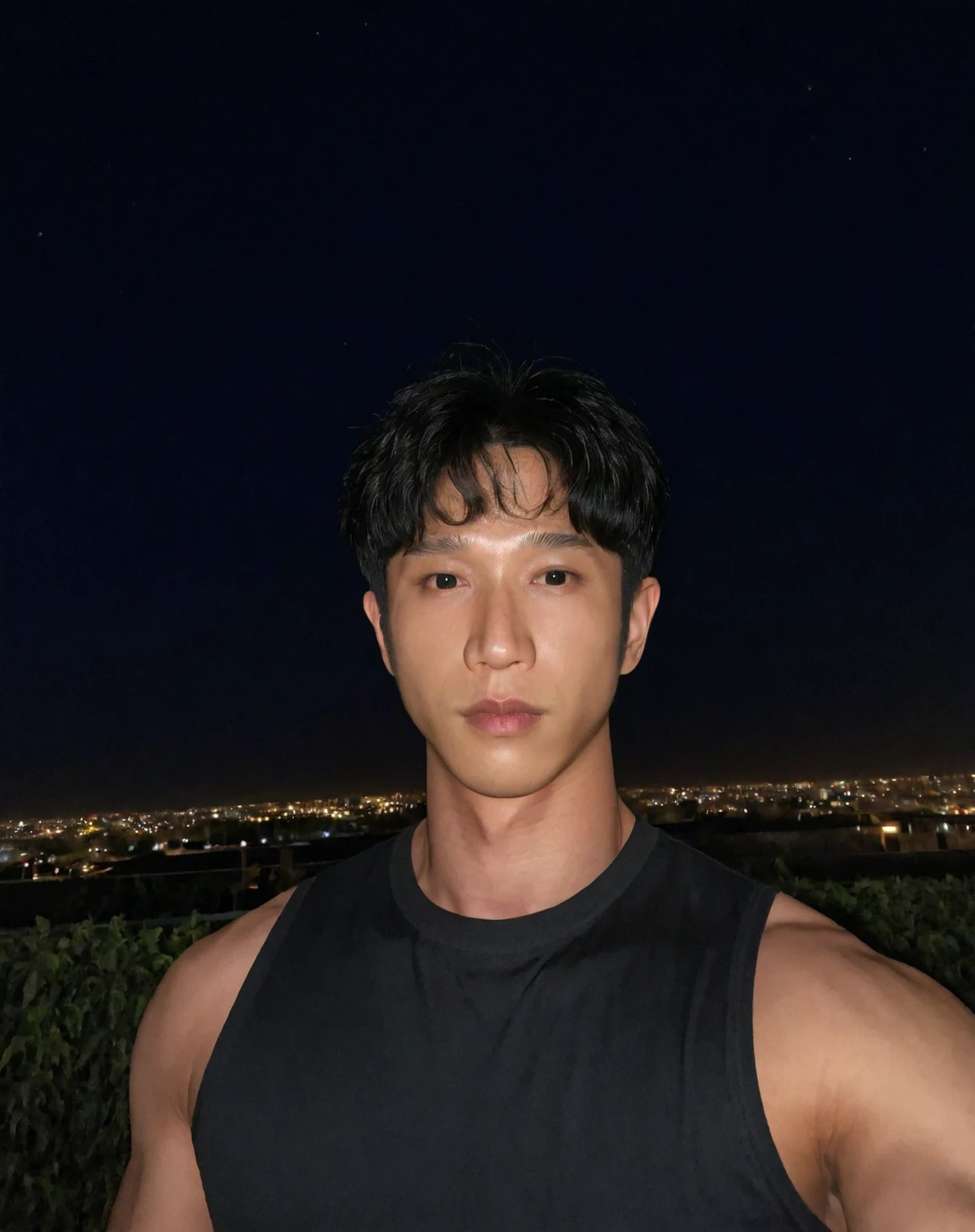 jasper_liu, asian, 1boy, male focus, solo, closed mouth, realistic, black eyes, shirt, night, looking at viewer, black hair, black shirt, sleeveless shirt, outdoors, short hair, muscular, broad shoulders