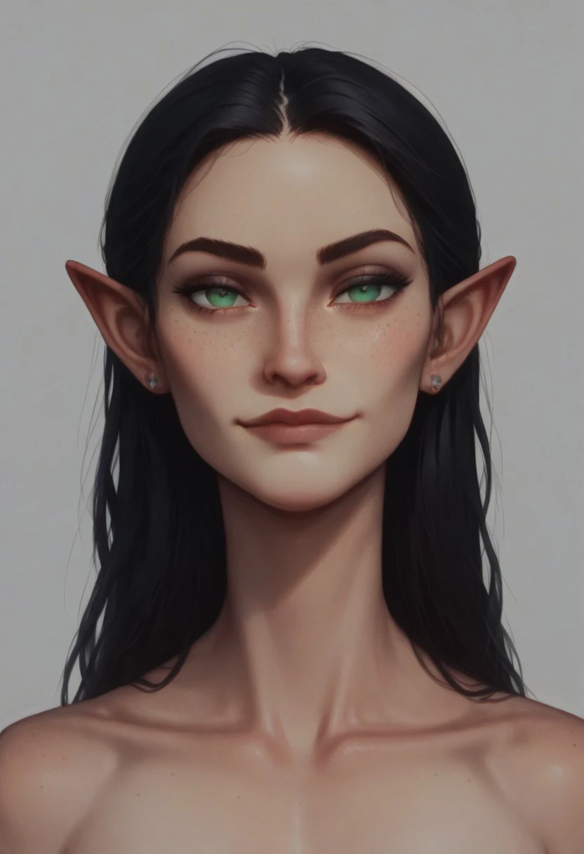 score_9, score_8_up, score_7_up, semi realistic, (portrait:1.4), mood lighting, cinematic lighting, volumetric lighting, (slim fit), toned female, (coy smile, bedroom eyes, head tilt, smirk), BREAK, (slanted eyes, high cheekbones, pronounced bones:1.7), (delicate features, hairless faces, pointed ears, very attractive, tanned light honey skin:1.2), south east Asian,( freckles:1.2), orange green eyes, long black hair, defined jawline, tiny gemstone earrings, hard eyebrows, majestic, collarbone