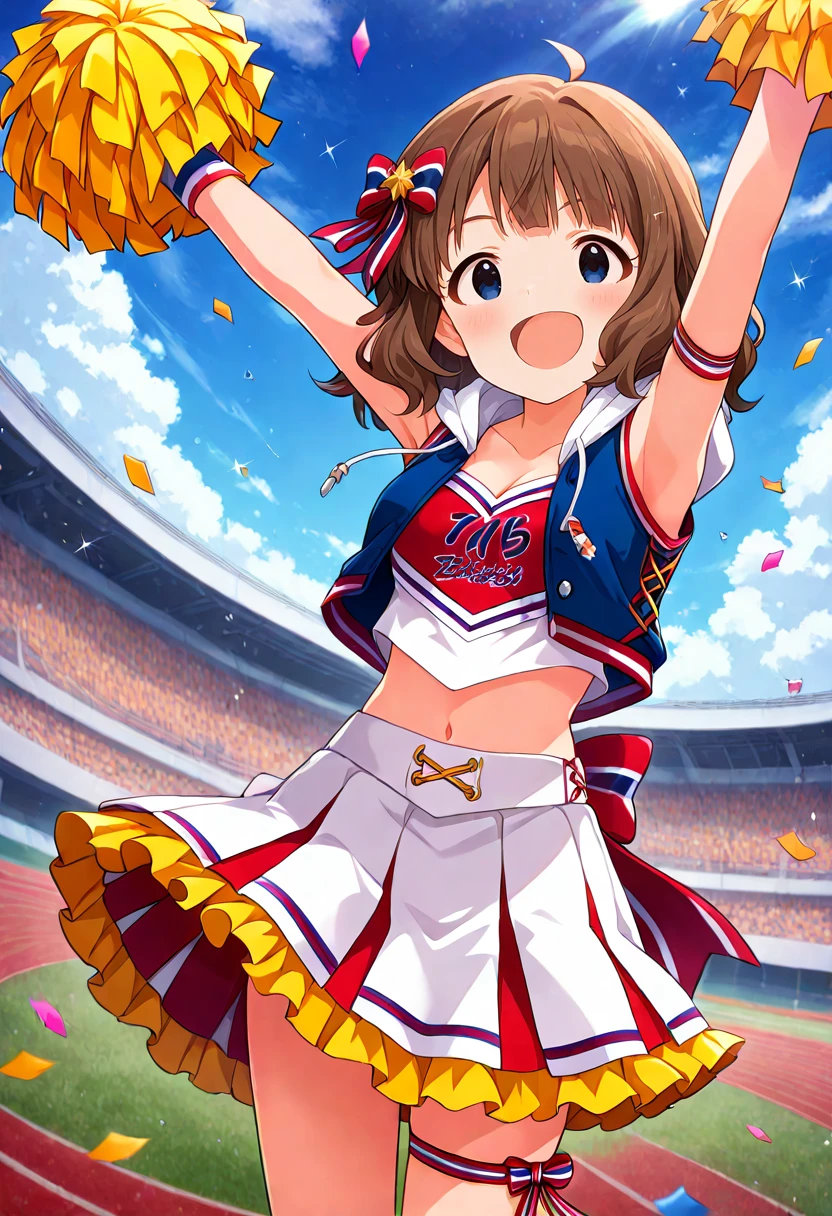 masterpiece, best quality, absurdres, very aesthetic, general,
suou momoko, going charmy, miniskirt, sleeveless, frilled skirt, hair ribbon, blue sky, leg ribbon, 1girl, open clothes, belt, short hair, stomach, blush, hoodie, pom pom \(cheerleading\), frills, open mouth, collarbone, :d, red ribbon, brown hair, ahoge, armpits, standing, hood, arm up, cheerleader, vest, cheering, cloudy sky, thigh ribbon, arms up, crop top overhang, sky, thigh strap, day, clothes writing, smile, bare shoulders, hair bow, sparkle, striped ribbon, arm ribbon, sleeveless jacket, open vest, white skirt, sleeveless shirt, striped bow, wavy hair, hair ornament, confetti, armband, arm strap, navel, midriff, crop top, holding pom poms, cloud, wristband, medium hair, cleavage, jacket, hood down, cowboy shot, eyebrows visible through hair, pleated skirt, white shirt, solo, blue vest, red bow, multicolored bow, star hair ornament, drawstring, two-tone skirt, back bow, hooded vest
<lora:suou_momoko_illustXl_locon_v1:0.7>