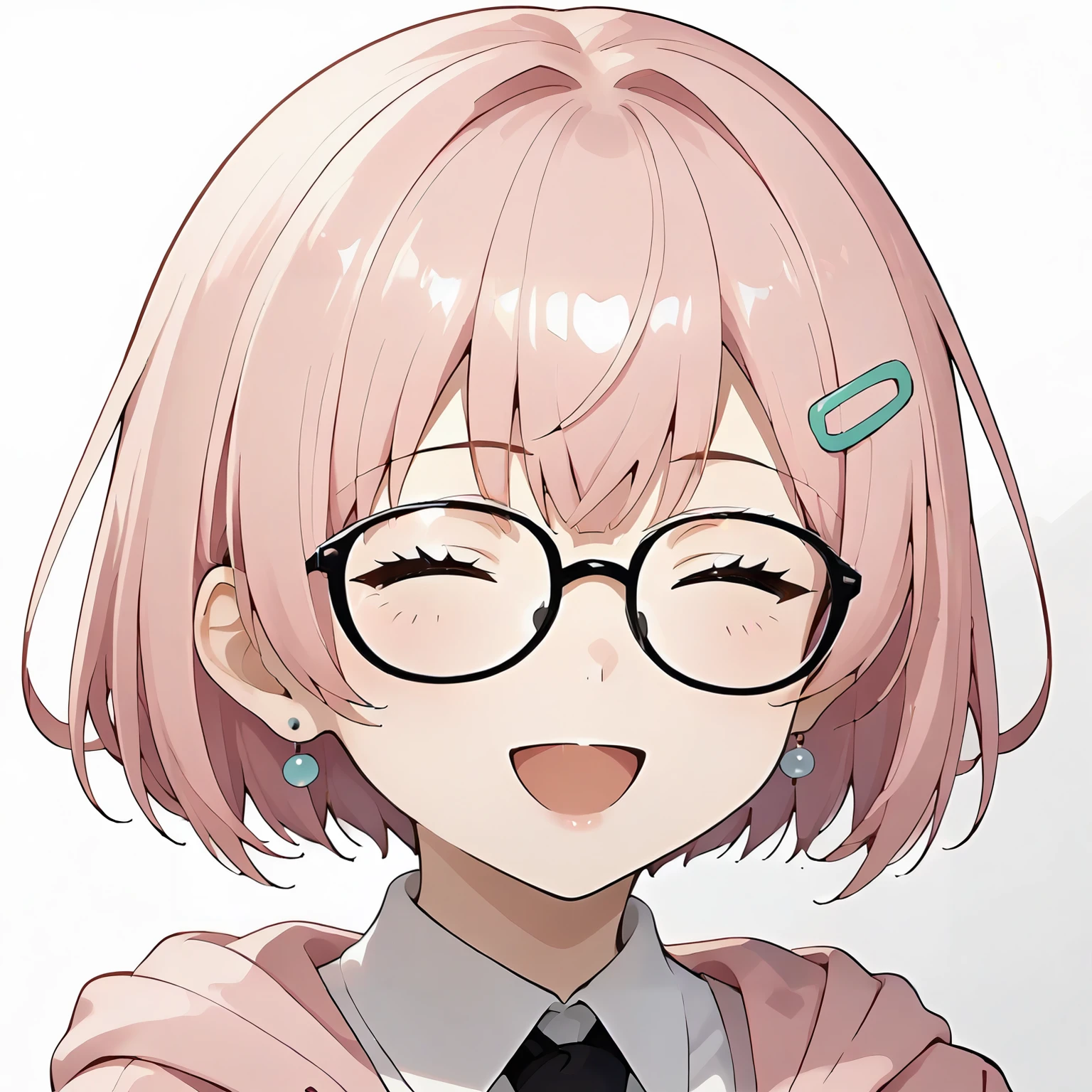 <lora:OCC_AkaneXLpony005:0.8>,
white background,
smile,closed eyes,open mouth,
solo,
Akane,1girl,pink hair,bob cut,hairclip,
glasses,earrings,
pink hoodie jacket,wing collar,white shirt,black necktie,
upper body,