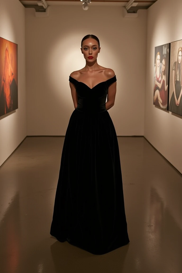 alydeb,aldebc,alyce, cinematic, ultra detailed textures, ultra realistic, 8k. front facing view,  a young woman, looking at viewer,  wearing a fancy black evening gown with an off-shoulder cut, she stands under soft spotlights in a minimalist art gallery. Her hair is elegantly styled in a low bun, and her makeup is sleek with a touch of red lipstick. A DSLR with an 85mm lens captures her beauty while soft, warm lighting adds a subtle glow to her face, creating an intimate, refined atmosphere. Reflections from the polished gallery floor enhance her poised figure and refined beauty.