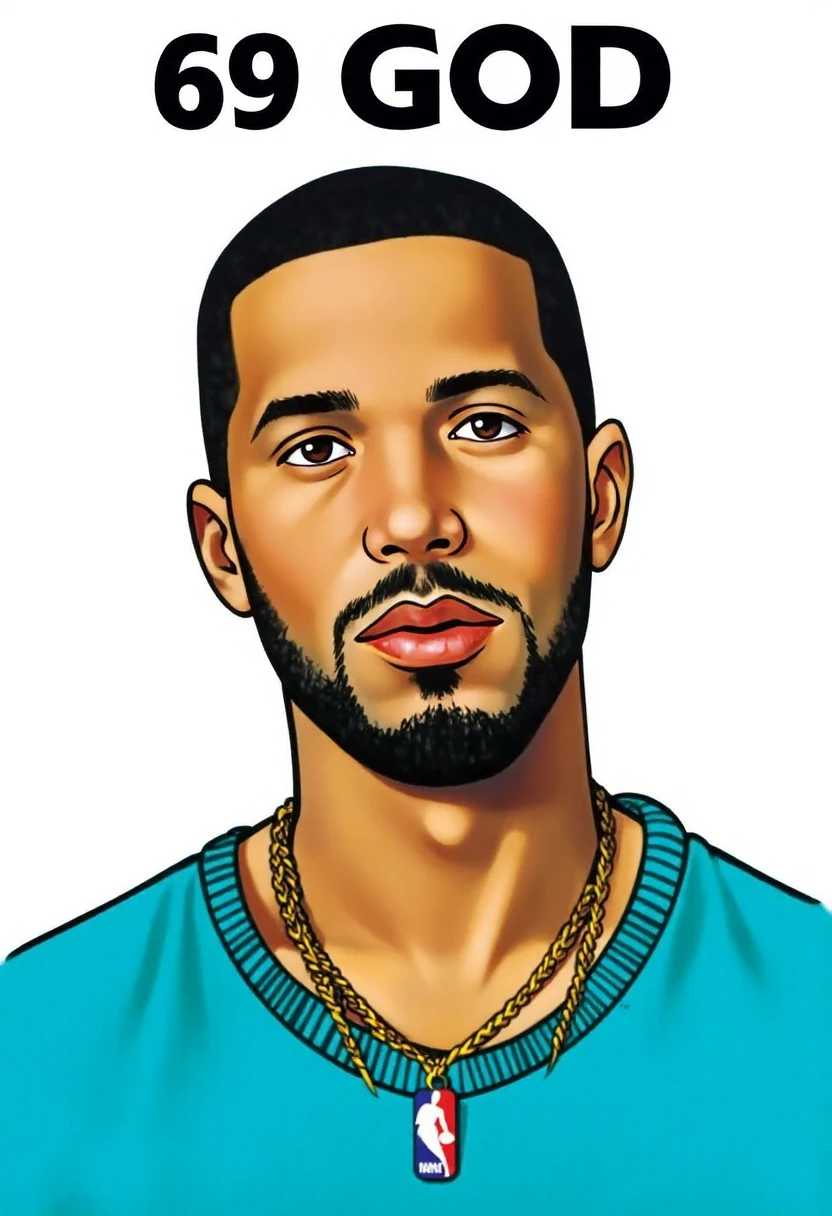 Lot3ria card, Number(69) illustration of Drake, text reads "69 GOD"