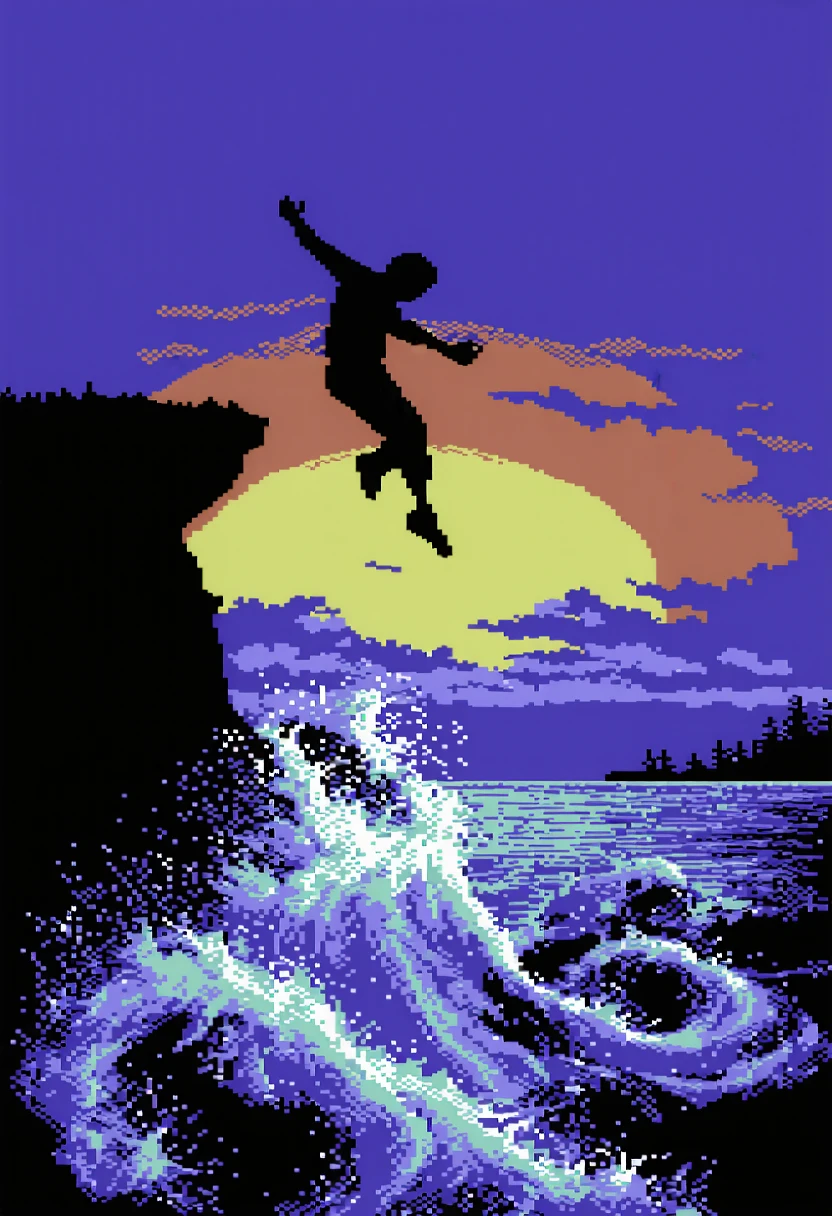 c64style,a person mid-air jumping off a cliff toward a swirling pool of water below. Their silhouette is sharp against the backdrop of a dramatic sunset