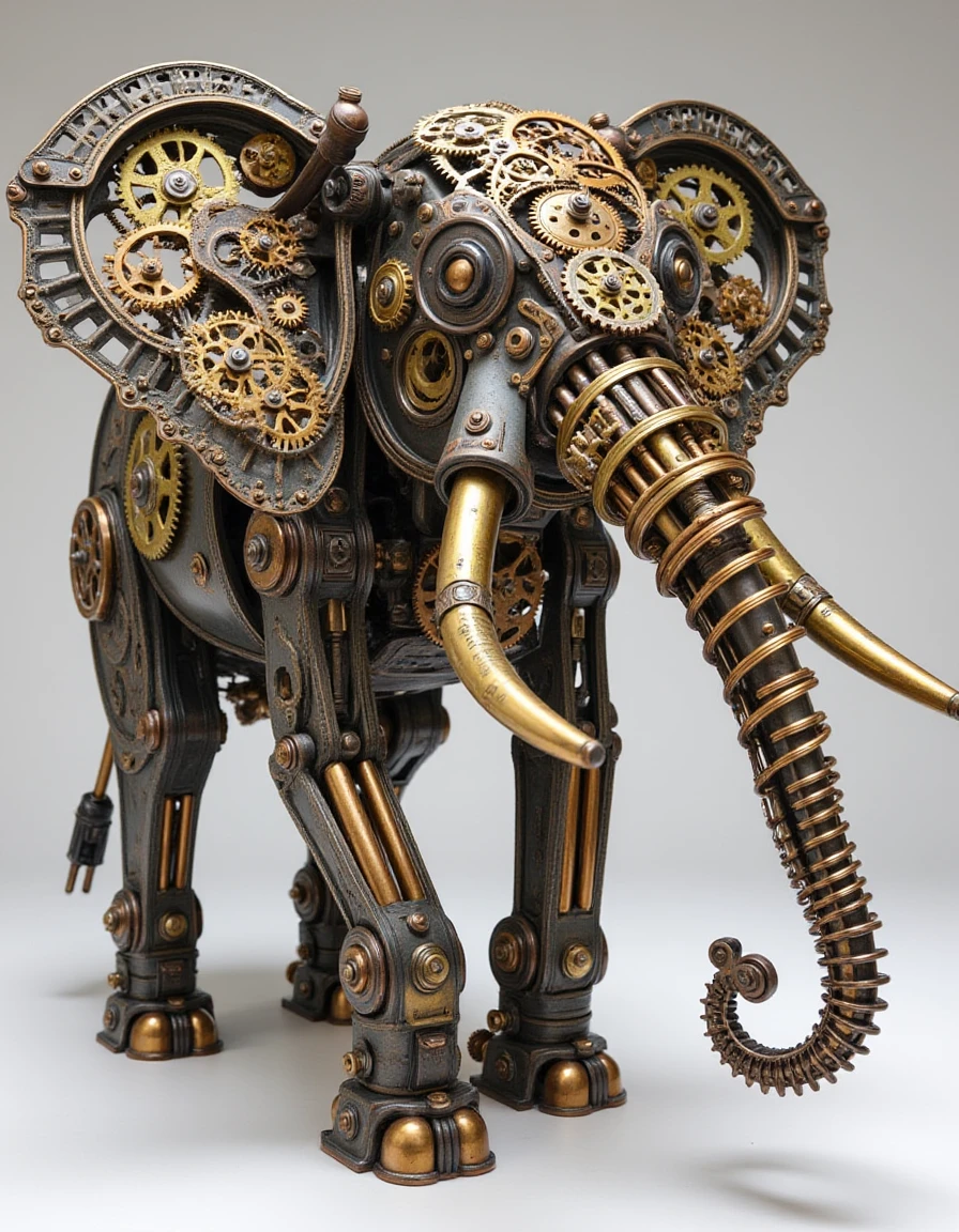 clckwrk, mechanical elephant, majestic form made from iron, brass, and copper gears, clockwork tusks with spiral gears, large ears constructed from layered metal plates and small cogs, trunk with articulated segments and exposed clock mechanisms, highly detailed, industrial clockwork aesthetic, studio lighting, close-up view with high-definition textures,  <lora:mechanica_v42_rank32_bf16-step00456:1>