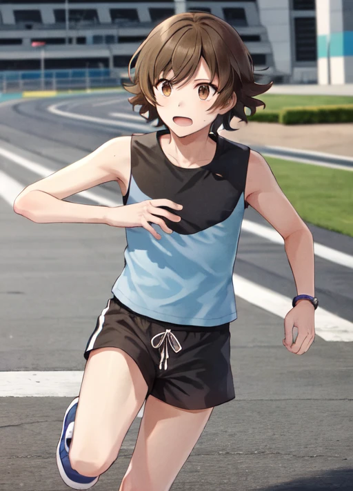 <lora:HilbertBW:0.8>, HilbertBW, brown hair, brown eyes, solo, 1boy, white shirt, sleeveless, blu shorts, red sneakers, running in a marathon arena