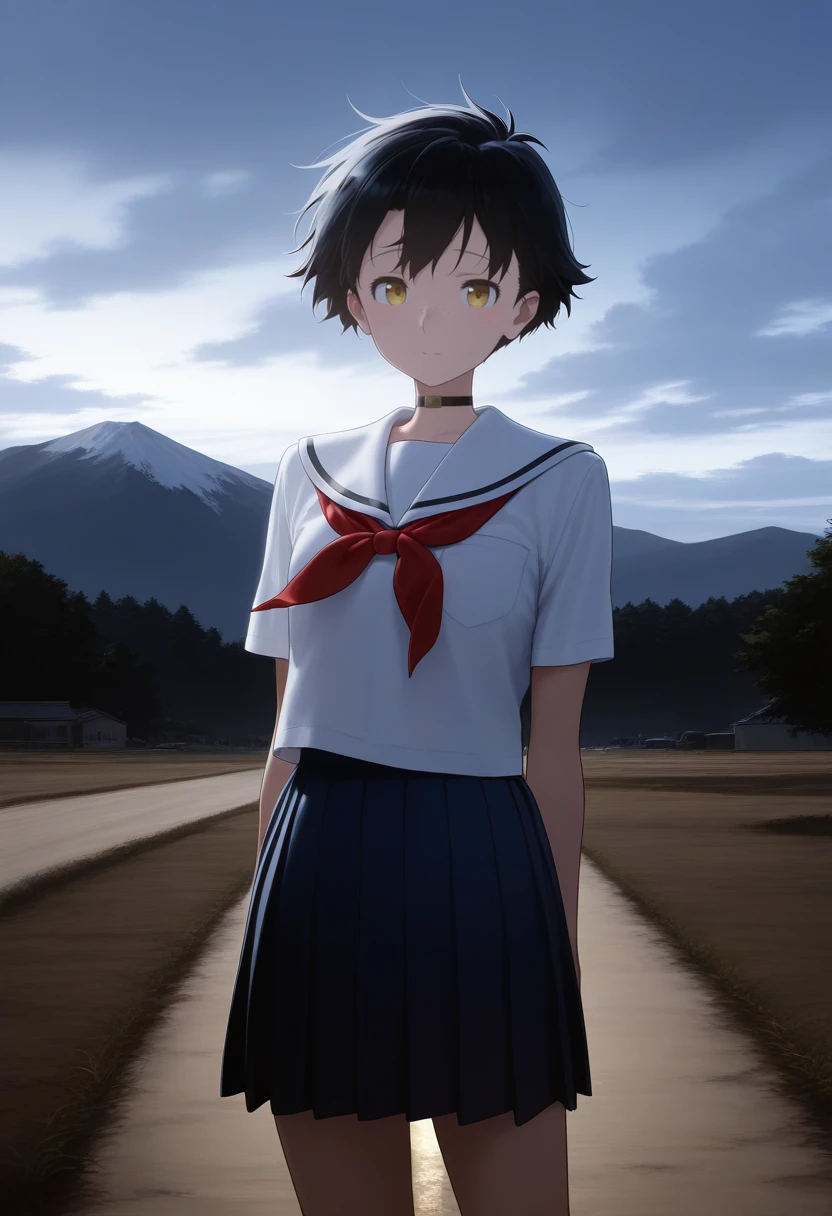 1girl, sahara miyoko, black hair, looking at viewer, shirt, short hair, (freckles, :1.2), tomboy, small breasts, <lora:sahara_miyoko-05:1>, school uniform, serafuku, red neckerchief, white sailor collar, short sleeves, white shirt, blue pleated skirt, looking at viewer, solo, black choker, cowboy shot, building, cloud, cloudy sky, dirt road, grass, mountain, outdoors, painting (medium), scenery, traditional media, volumetric lighting, shiny skin, humid skin, BREAK, best quality, amazing quality, highres, absurdres, very aesthetic, high resolution, ultra detailed, perfect details <lora:nyalia:0.4>