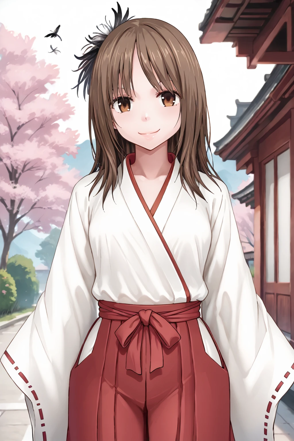 score_9, score_8_up, score_7_up, BREAK source_anime, masterpiece,
1girl, solo, nishina meru, long hair, brown hair, brown eyes, hair ornament, black feather, miko, japanese clothes, hakama skirt, red hakama <lora:meru_pony:1>
looking front view, outdoor, smile, closed mouth,