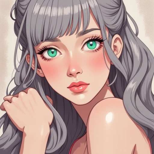 silvery gray, with a few loose strands framing her face. The hair is a light, porcelain skin and striking green eyes that are almond-shaped, The image is a vibrant digital illustration featuring four women, six other women are positioned around her, showcasing a young woman with an ethereal, intimate pose, large