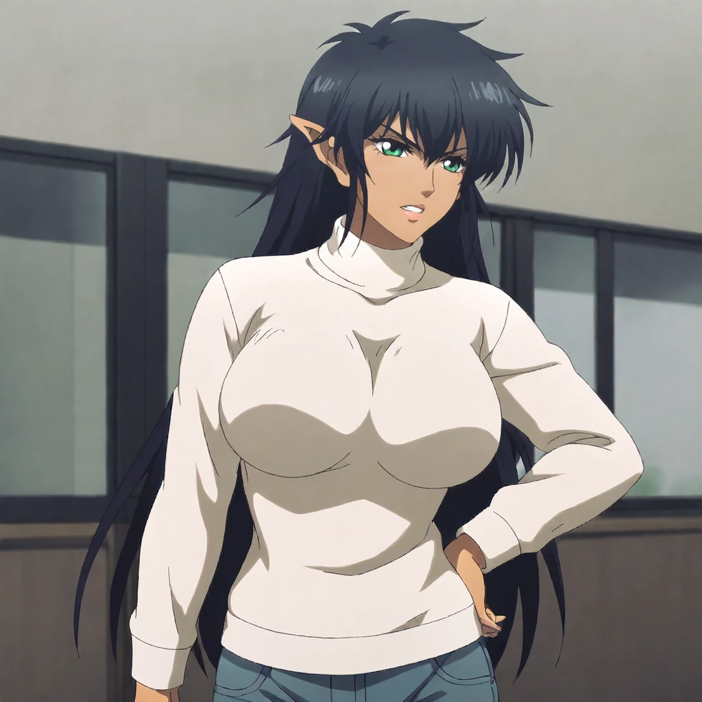 <lora:arshes_pony_v1:0.8>   Arshes, 1girl, black hair, green eyes, pointy ears, large breasts, cowboy shot, sweater, jeans