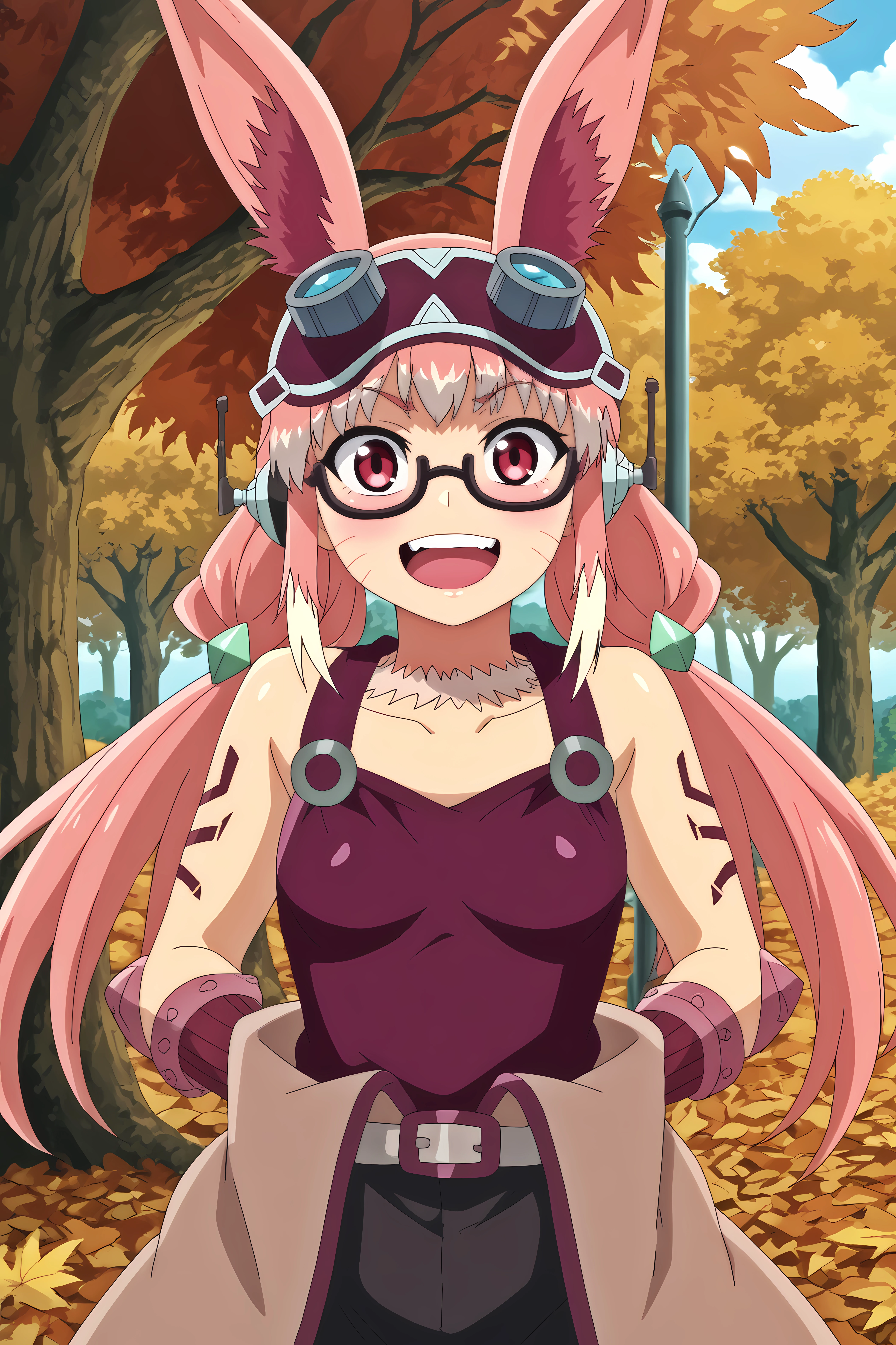 mithlim netherland,1girl,solo,animal ears,gloves,googles,pink hair,rabbit ears,long hair,glasses,twintails,open mouth,smile,upper body,hands behind the back,leaning_forward


BREAK
outdoors,autumn_leaves, sunset,orange_background, tree,autumn



<lora:Mithlim_Netherland_-_Peter_Grill_to_Kenja_no_Jikan.safetensors:0.8>
<lora:detailed_backgrounds_v2.safetensors:0.5>