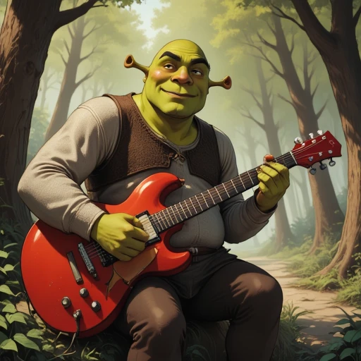 Digital ilustration in style of PaintedComicstyleV1 of Shrek playing on a eletrctic guitar