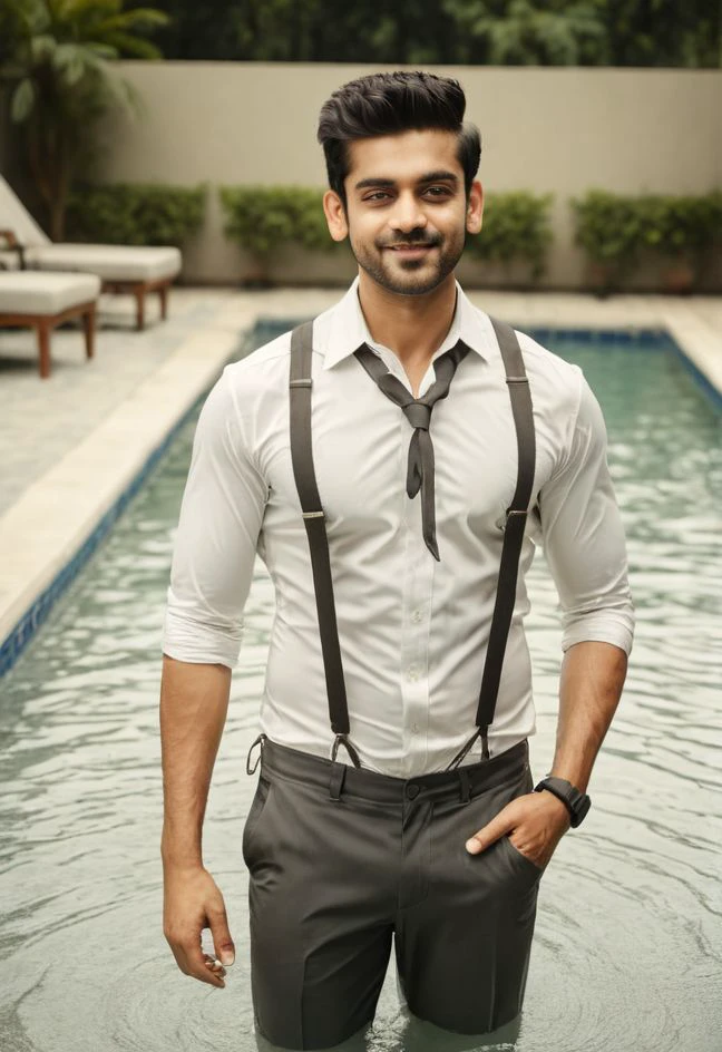 side view, full body view, analog film photo , Avinash Mishra a man <lora:Avinash-Mishra:1>, (in the water:2),swimming pool, half body in water, ((looking at the camera:2)), pouring water on head, (suspenders:1.5),dark tie,(charming smile:1.2),fluffy cushions, faded film, desaturated, grainy, vignette, vintage, Kodachrome, Lomography, stained, perfect face, highly detailed,  <lora:add-detail-xl:1>