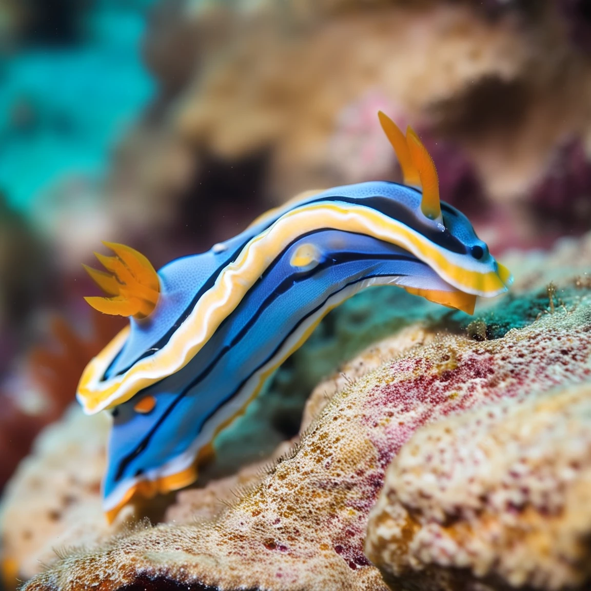 underwater extreme close-up photo from the side of a chromodoris annae on top of a rock, the background is a coral reef out of focus, soft light, macro photography