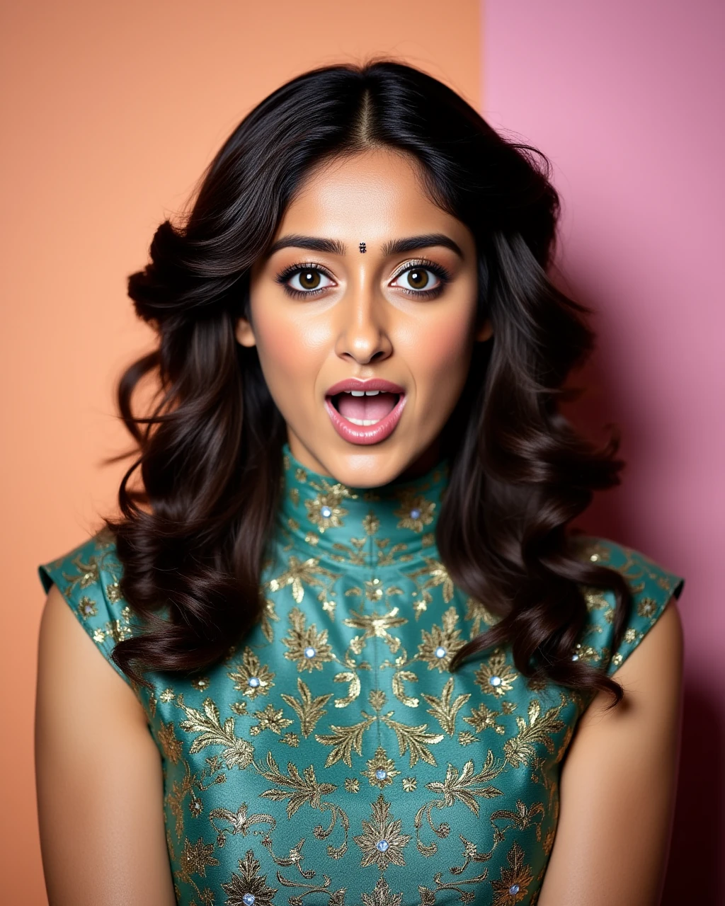 headshot photo of Ileana DCruz woman,candid photo with natural colors, shouting expression on face,nose pin,studio quality, wearing intricate elegant Jade turtleneck Bandhani Dress, curls, pastel shaded multicolored background, cinematic lighting<lora:TestBed\Ileana_Dcruz_Flux_Kohya_V1-000005.safetensors:1.0:1.0>