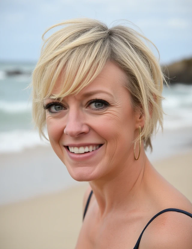 Dee Williams is a blond short hair woman. Closeup face portrait. Beach background<lora:Dee_Williams:0.9>